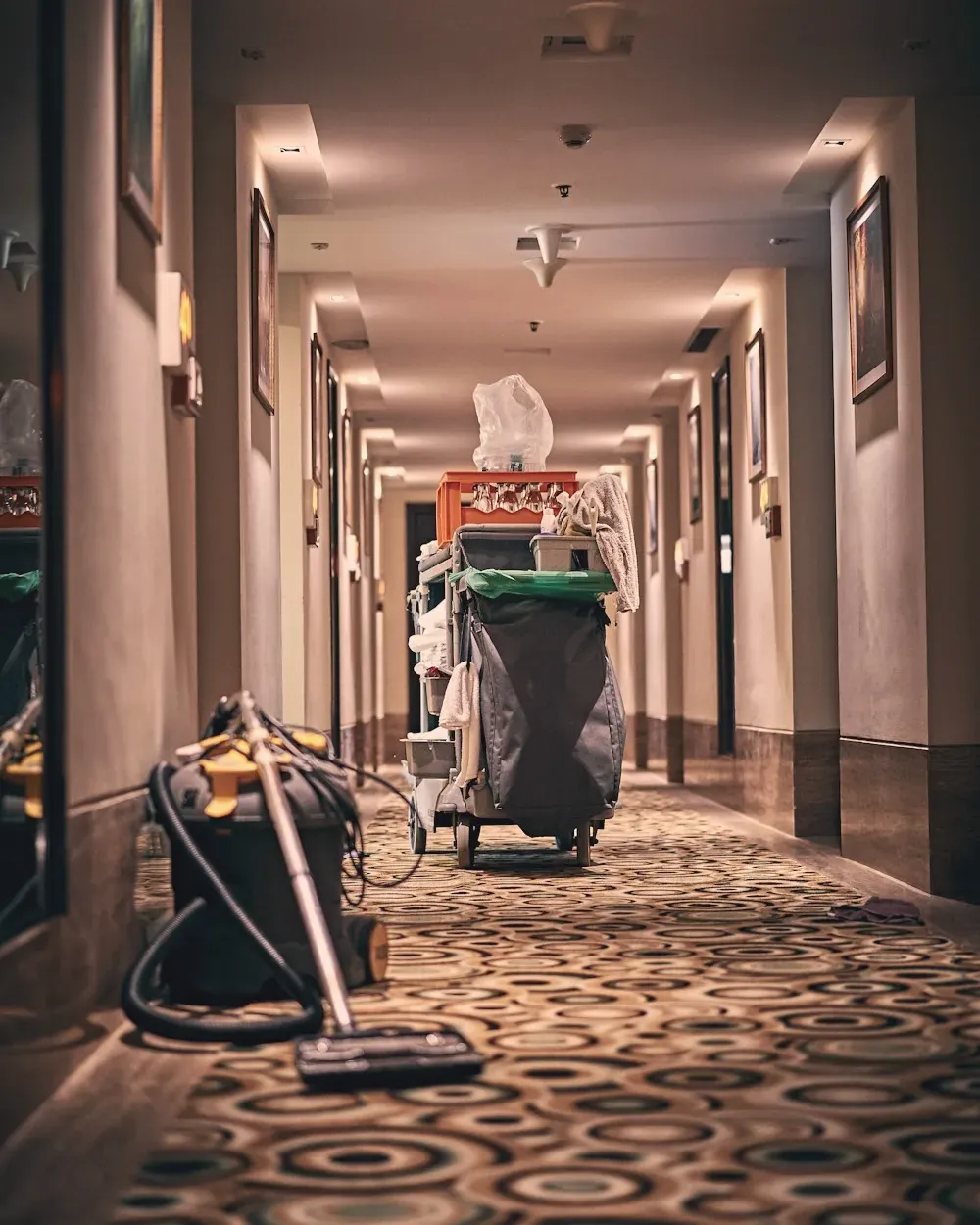 Housekeeping cart in a hotel corridor
